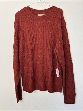 Lucky Brand Men's Rust Mixed Stitch Tweed Crewneck Sweater Fisherman’s Cozy Knit